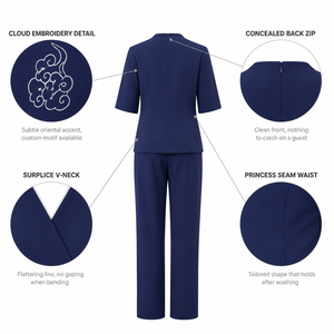 Ensemble d'uniformes sur mesure pour femmes, hôtel, spa, tissu mat fluide, anti-plis, broderie personnalisée pour clinique de massage, centre esthétique - Product Image 4