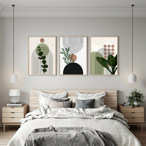 Hiện đại tối giản Bắc Âu 3pcs trừu tượng hình học vải sơn màu xanh lá cây thực vật morandi Áp phích tường dầu nghệ thuật với khung trang trí - Product Image 6