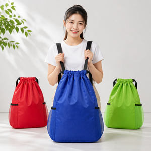 กระเป๋าเป้สะพายหลังแบบมีเชือกผูก 2 ขนาด 48x40 ซม. กระเป๋าด้านข้างแบบตาข่าย กระเป๋าซิปด้านใน ไนลอนกันน้ำ กระเป๋ายิม โรงเรียน กีฬา ชายหาด 6 สี - Product Image 1
