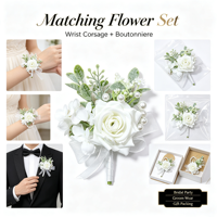 Boutonniere Bunga Mawar Putih Real Touch Berhias Mutiara dan Daun Hijau, Pita Satin, Ikat Tangan, untuk Pengiring Pria (Groomsmen) di Pesta Pernikahan