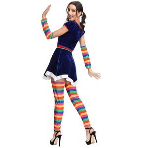 Costume de clown pour femme à rayures arc-en-ciel, inspiré des films et séries TV, avec robe en velours et chaussettes rayées pour Halloween et Noël - Product Image 5