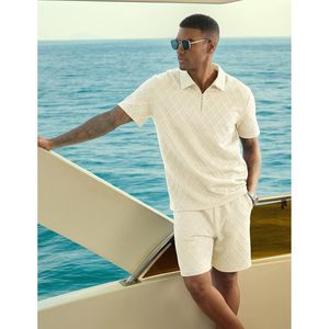 Ensemble de shorts et polo jacquard 2 pièces pour homme FOXA, fermeture éclair quart de tour, respirant, tricoté, tenue de plage - Product Image 3