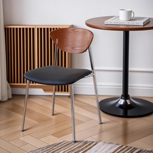 Chaise de salle à manger vintage en bois massif, siège noir rembourré, acier inoxydable, style nordique, pour adultes - Product Image 1