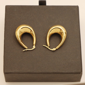 Oval Hollow Titanium Steel Hoop Earrings U Shaped Gold Unisex Everyday Wear Geometric Design - Product Image 2