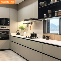 Ensemble d'armoires de cuisine en bois contreplaqué personnalisées modernes Wision Free Design, en forme de L, avec îlot de cuisine en verre, table à manger
