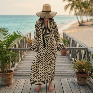 Vestido Maxi Boho con Estampado Geométrico, Cuello en V, Manga Murciélago, Corte Holgado, Ropa Casual de Verano, 100% Algodón Transpirable, Detalle de Borlas - Product Image 3