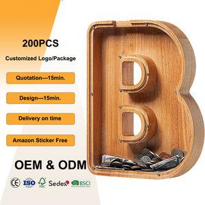 Boîte à monnaie en bois personnalisée OEM/ODM, organiseur de budget, boîte à monnaie en bois réutilisable avec design de lettres - Product Image 1