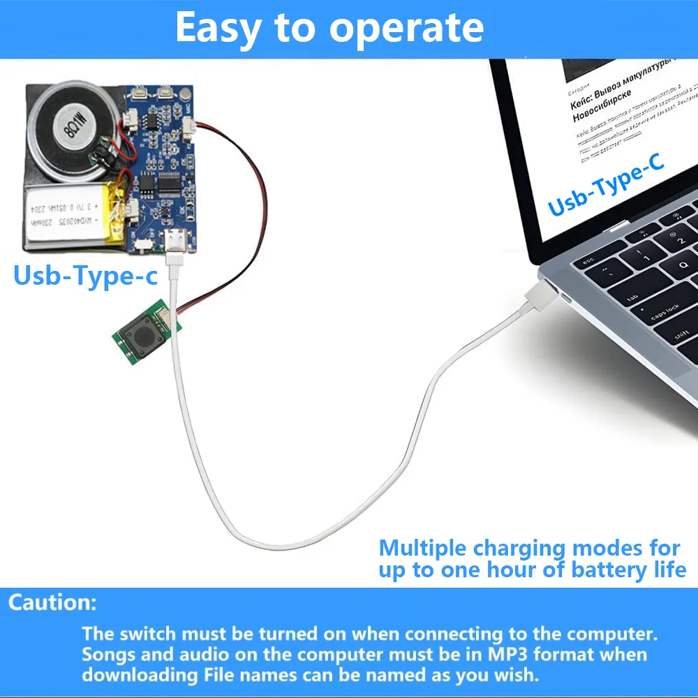 Módulo de sonido para chip de sonido de control de botón de tarjeta de felicitación con cable tipo C de altavoz y capacidad de grabación fácil 16 minutos para P