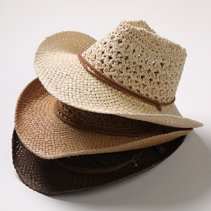 Sombrero de Paja Panamá con Cordón para Playa y Verano, Diseño Clásico Hueco, Sombrero Vaquero Occidental de Paja - Product Image 1