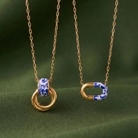 Collar de Porcelana Esmaltada Azul y Blanca Chapado en Oro de 18K, Resistente al Agua, Antideslustre, Estilo Chinoiserie, Hipoalergénico, para Mujer