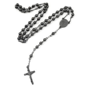 패션 고급 4mm 묵주 목걸이 빈티지 스테인레스 스틸 블랙 타원형 펜던트 크로스 참 목걸이 - Product Image 2