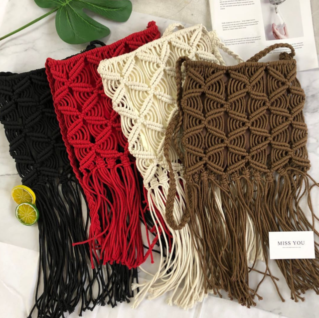 Fashion Ethnic Red Tribal Geometry Fringe Cotton Rope Beach Handbag Designer Retro Crochet Macrame Tassel Shoulder Crossbody Bag
