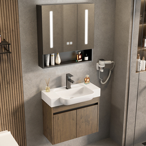 <span class=keywords><strong>Mobile</strong></span> <span class=keywords><strong>Bagno</strong></span> Moderno Sospeso in Alluminio a Nido d'Ape con Finitura Noce, Specchio LED Intelligente e Lavabo in Ceramica - Set Unità Hotel - Product Image 2