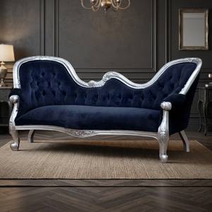 Chaise longue en bois massif acajou sculpté style français, velours bleu argenté capitonné, mousse confortable, design moderne - Product Image 3