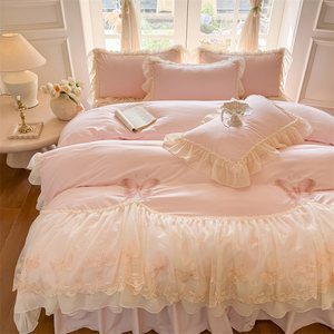Parure <span class=keywords><strong>de</strong></span> lit brodée papillon à bordure dentelle en tissu lavé, style princesse coréenne, drap-housse à volants, couvre-lit à volants, housse <span class=keywords><strong>de</strong></span> couette à volants - Product Image 5