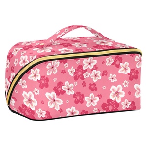กระเป๋าเครื่องสำอางเดินทางขนาดใหญ่ กระเป๋าใส่เครื่องสำอางลายดอกชบา แบบเปิดแบนราบ พร้อมหูหิ้วและช่องแบ่ง - Product Image 1