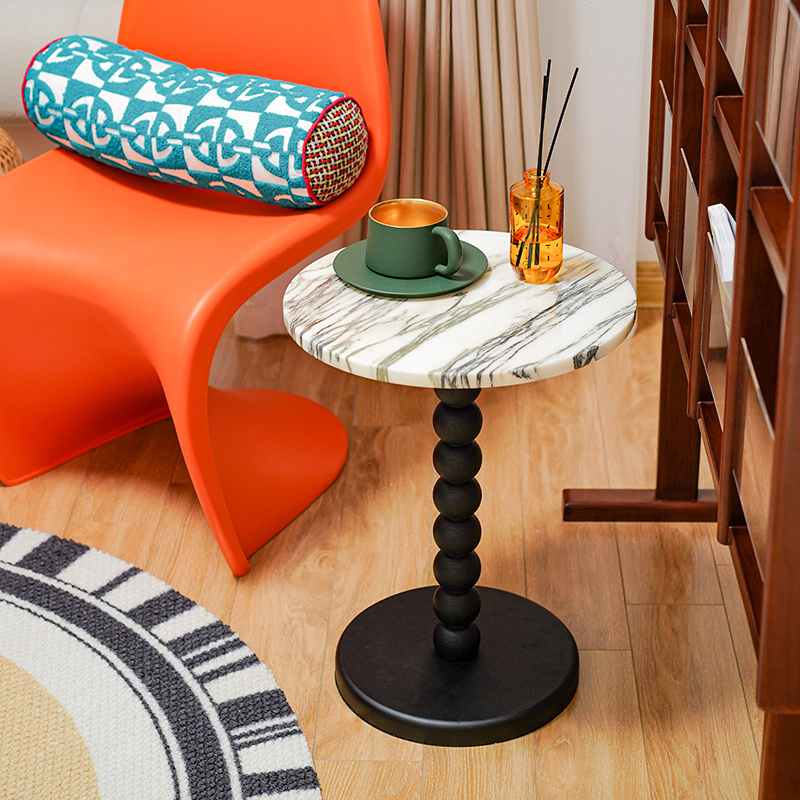 French Medieval-Style Natural Marble Side Table Solid Wood Home Decor-for Living Room Bedroom Internet Celebrities Bloggers