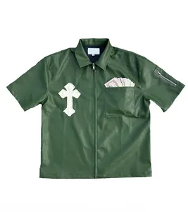 Camisa de couro bordado com apliques de alta qualidade plus size masculina casual manga curta vintage com zíper quadrado