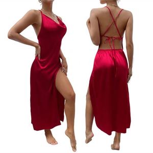 Sfy2340 New Fashion Sexy <b>Spaghetti</b> <b>Strap</b> Summer Dress Women Satin Lace up Silk Maxi Dress Elegant Bodycon Night Dress - Product Image 5