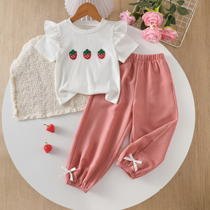 Ensemble t-shirt et pantalon à manches courtes pour enfants filles, broderie <span class=keywords><strong>fraise</strong></span>, vêtements décontractés printemps-été - Product Image 6