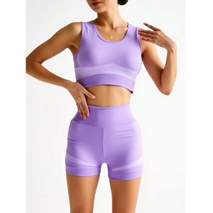 Tuta estiva Fitness Yoga da donna per il tempo libero tinta unita gilet sportivo a due pezzi + pantaloncini per palestra e attività all'aperto - Product Image 1