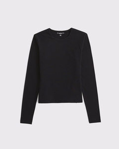 Camiseta de Manga Larga para Mujer, Cuello Redondo, Color Negro Sólido, Corte Ajustado, Tela de Algodón Grueso, a la Moda - Product Image 4