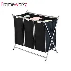 Foldable Triple Laundry Sorter/X-Frame Three Bag With Handle Hamper/ Metal Laundry Sorter