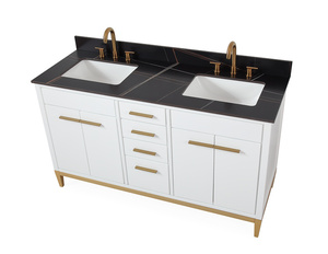 Mueble de Baño Moderno de Lujo con Acabado Lacado Blanco de 60 Pulgadas con Lavabo Doble, <span class=keywords><strong>Base</strong></span> de MDF Personalizada y Acero Inoxidable - Product Image 3