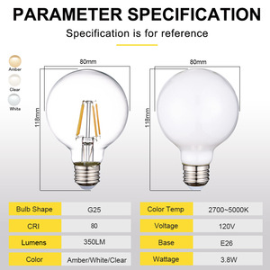 Đối với ul <span class=keywords><strong>ETL</strong></span> được liệt kê 40W G25 Ra80 3.8W 120V <span class=keywords><strong>Filament</strong></span> Trắng/rõ ràng loại cơ sở <span class=keywords><strong>E26</strong></span> dẫn bóng đèn sợi đốt ánh sáng - Product Image 4
