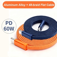 Câble plat USB C vers C 60W PD, cordon de charge rapide 48 brins en nylon tressé avec alliage d'aluminium, câble de charge rapide PD