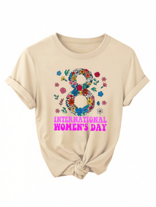 T-shirt elegante da donna girocollo a maniche corte con stampa floreale per la Giornata Internazionale della Donna, top primavera estate autunno vestibilità regolare - Product Image 1