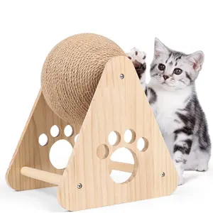 Wooden Cat Scratcher Toy, Built-in Bell Natural Sisal Cat Scratching Rotatable Ball for Scratch Cats & Kittens Pet