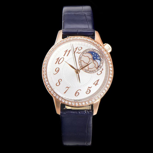 Montre de luxe automatique mécanique avec cadran blanc, phase de lune, lunette en or rose sertie de diamants, bracelet en cuir bleu, design icônique d'œuvre maîtresse - Product Image 2