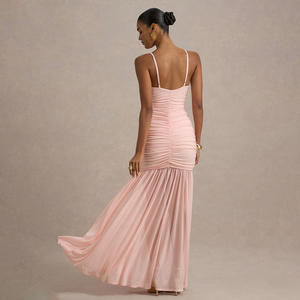 エレガントな夏のカシミヤ素材、スパゲッティストラップ、ダイヤモンドメッシュ、床丈のドレス、セクシーな深いVネック、プリーツ、パッチワーク、バックレス - Product Image 3