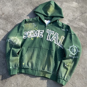 Sudadera con capucha de lujo de algodón bordado, personalizada, 400 g/m², con lavado ácido y pedrería, para hombre, oversize, con cremallera, efecto desgastado - Product Image 1