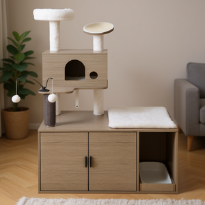 Torre para gatos moderna 2 en 1 con compartimento para caja de arena para gatos de interior, de bambú, rectangular, con capacidad para 100 litros. - Product Image 2