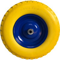 Roue en mousse PU 4.00-8, pleine et anti-crevaison, avec bande de roulement jaune à picots et jante en acier peinte bleu, pour chariot à main et brouette