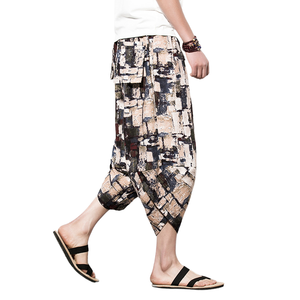 Nouveau style d'été pour hommes, sarouel en <span class=keywords><strong>lin</strong></span> et coton à 7 points, couleur unie, décontracté, coupe ample, grande taille moyenne, bermuda - Product Image 3