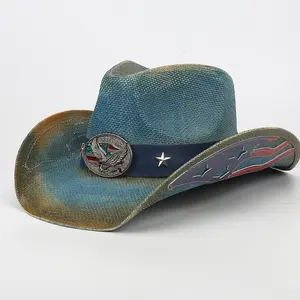 Vintage Western Cowboy Hoeden Blauwe Ster Amerikaanse Vlag Stro Cowgirl Western Hoed Met Adelaar Badge