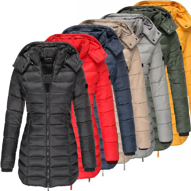 Wholesale European size Solid Color Winter Warm Ladies Long Hooded Puffer Quilted Jacket Women