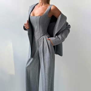 Setelan Wanita <span class=keywords><strong>3</strong></span> Potong: Blazer Lengan Panjang Elegan, Atasan Fishbone, Celana Panjang Lebar Pinggang Tinggi, Kasual Polos - Product Image 1