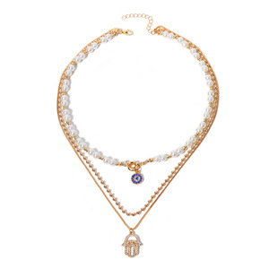 Collares multicapa exagerados para mujer, <span class=keywords><strong>cadena</strong></span> de perlas de imitación, colgante de ojo y <span class=keywords><strong>palma</strong></span> con diamantes de imitación, joyería de fiesta - Product Image 6