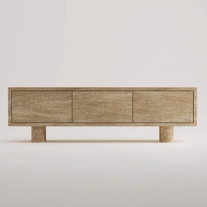 Wabi-Sabi <span class=keywords><strong>Banc</strong></span> TV en travertin naturel Meuble TV design moderne <span class=keywords><strong>Rangement</strong></span> monolithique Fabriqué à la main pour les résidences de salon de luxe - Product Image 3