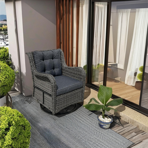 Silla giratoria moderna y cómoda de ratán PE para exteriores con estructura de acero gris y cojín impreso a todo color, directamente desde Vietnam. - Product Image 3