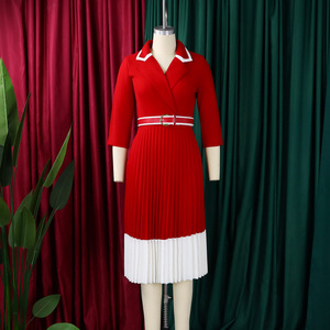 Fashion Winter Dress Women's Casual Elegant Color <b>Matching</b> <b>Long</b> Sleeve V-neck A- line Pleated Office Women Dress with Belt - Product Image 6