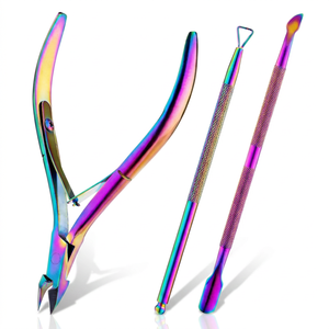 Pince à cuticules jetable personnalisable avec logo, repousse-cuticules, outil de soin des ongles de salon, revêtement multicolore, en acier inoxydable, ensemble carré - Product Image 1