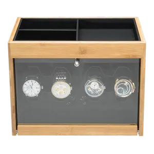 4 חריץ עם מגש במבוק עץ מנוע mabuchi שעון המותח עץ יוקרה תיבת עם סוללה מופעל שעון המותח עבור אוטומטי שעון