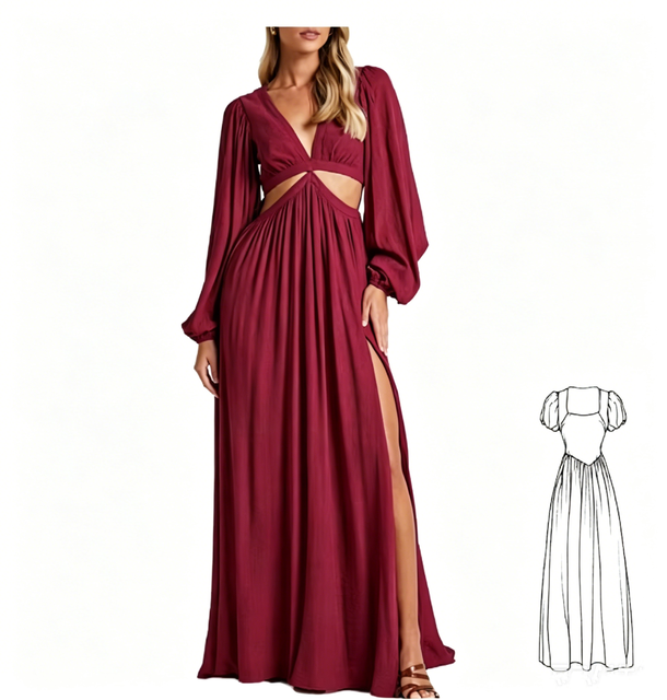 Deep V Cutout Satin Maxi Dress Lantern Long Sleeve High Split Flowy Evening Gown Wedding Guest Party Dress Bulk Supply