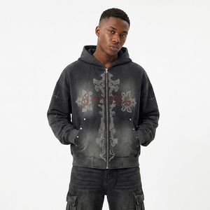 Sweat à capuche zippé personnalisé en coton épais 100% délavé à l'acide pour homme, avec croix en strass, style gothique Y2K vintage streetwear - Product Image 1