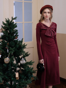 Personalizado elegante señora Vintage <span class=keywords><strong>rojo</strong></span> cuello en V Cruz manga larga arco cintura plisado largo mujer Navidad fiesta vestidos de noche - Product Image 4
